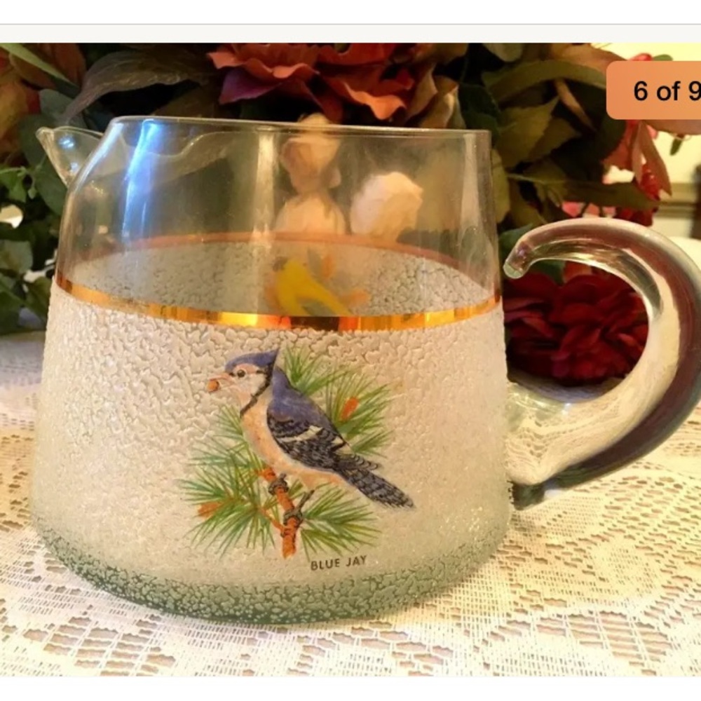 Vintage Textured Frosted Songbird Pitcher 4 Glasse - Picture 6 of 8